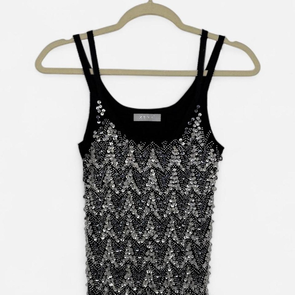 Vintage black sequin beaded cami top silver embellished party tank Y2K - Picture 2 of 5